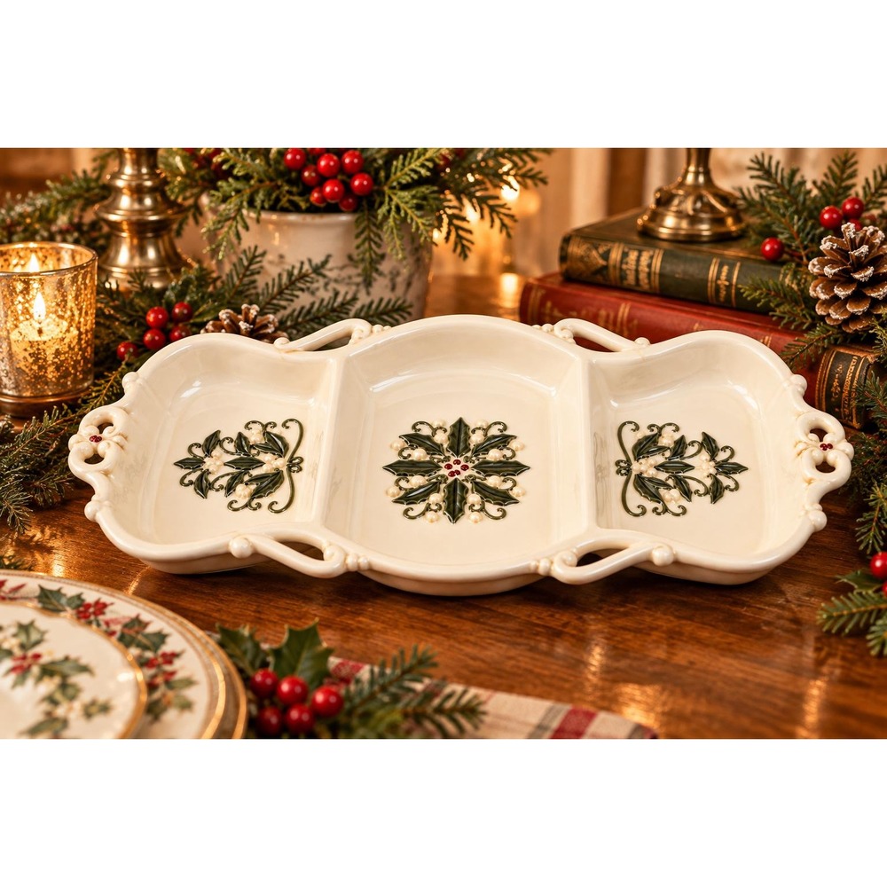 Vintage Christmas Holly Raised Relief 3 Section Relish Tray Ceramic Serving Dish